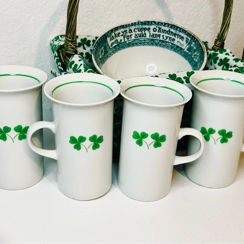 Vintage Irish Coffee set, porcelain transferware bowl, shamrock basket bundle